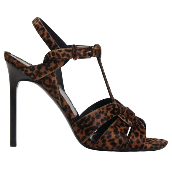 Saint Laurent YSL Tribute Black Brown Leopard Pony T Strap Sandal Heel Pump 39.5 - Picture 1 of 12